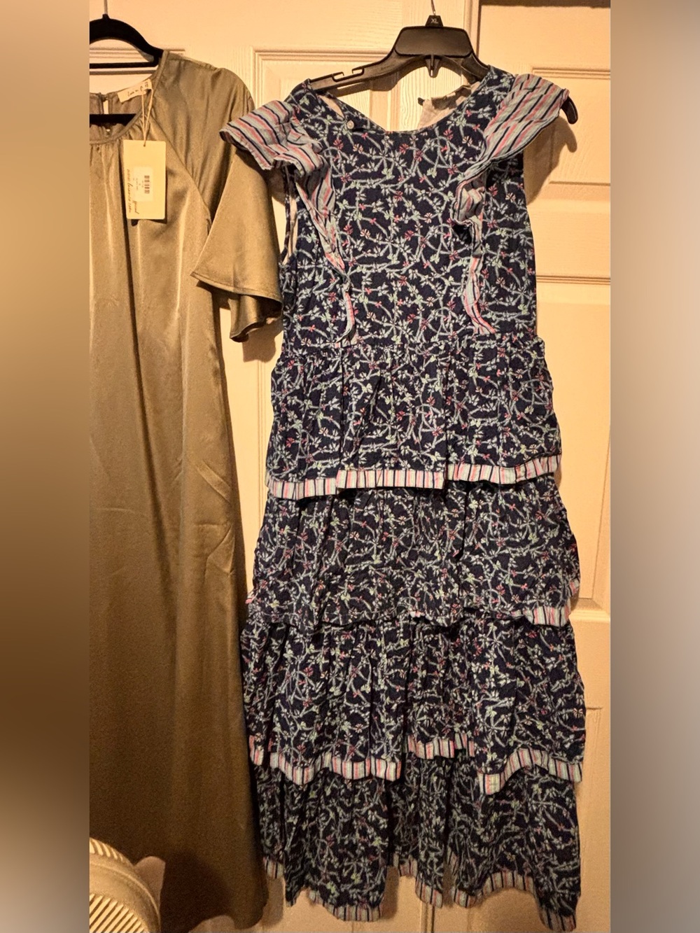 Simply Southern Navy Floral Tiered Maxi Dress with Pink & Light Blue Trim
